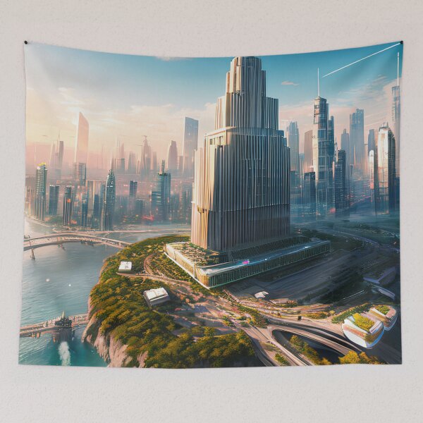 Item preview, Utopian Dreams: A Futuristic City at Golden Sunset designed and sold by D3monic.