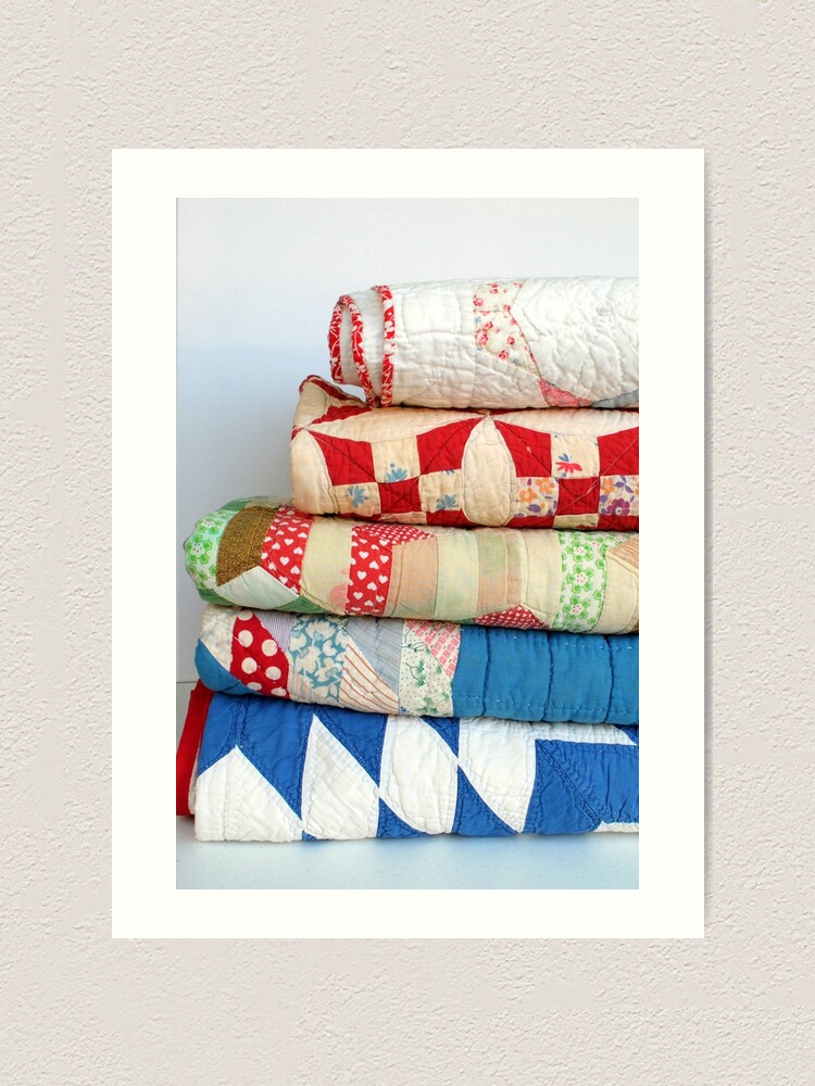 Alternate view of Stack of vintage patchwork quilts Art Print