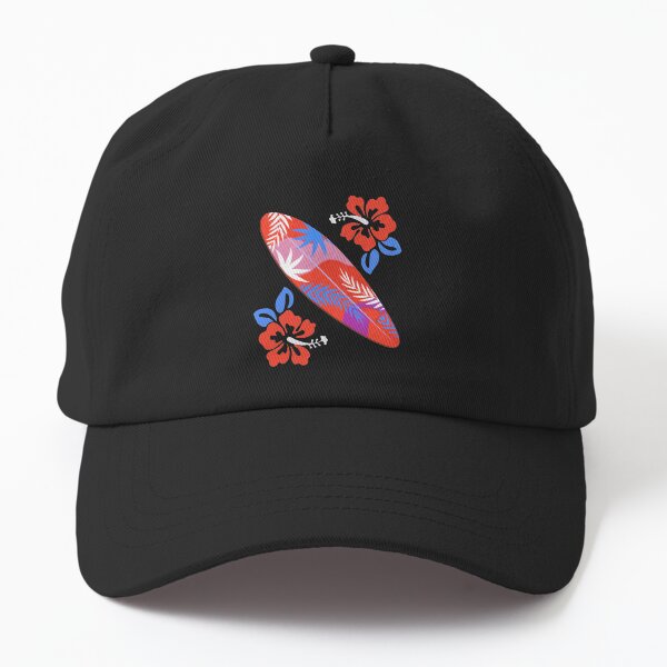 Aperçu de l'œuvre Planche de surf rétro avec fleurs tropicales exotiques (rouge et bleu) créée et vendue par SurfingLocales.