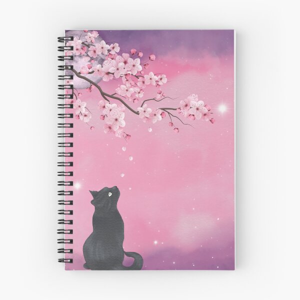 Item preview, Serene Japanese Cherry Blossom Tree with Falling Leaves and Black Cat under a Pink Starry Night Sky designed and sold by PeonyPeak.