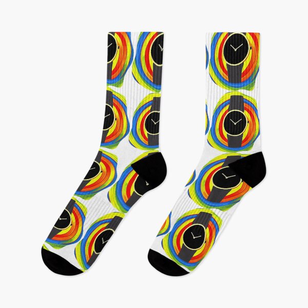Item preview, Black watch with multicolored spiral background, round format designed and sold by Flairh-Art.