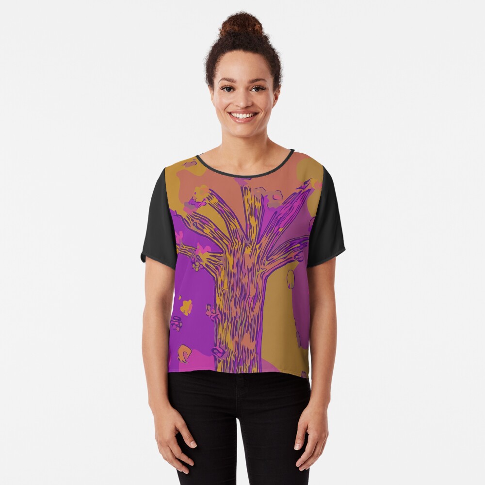 Purple, Magenta, Gold Beautiful Autumn Abstract Fall Tree Chiffon Top