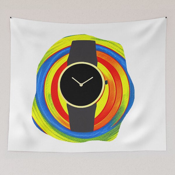 Item preview, Black watch with multicolored spiral background, round format designed and sold by Flairh-Art.