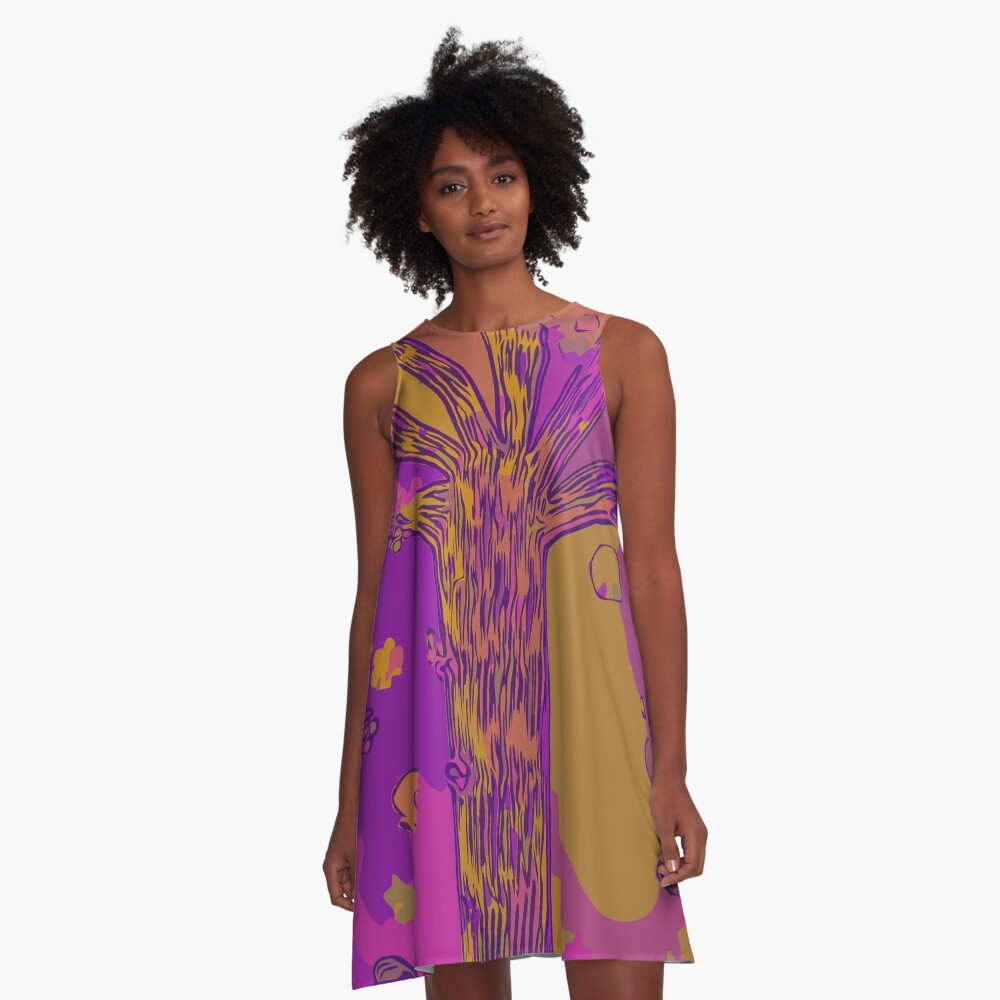 Purple, Magenta, Gold Beautiful Autumn Abstract Fall Tree A-Line Dress