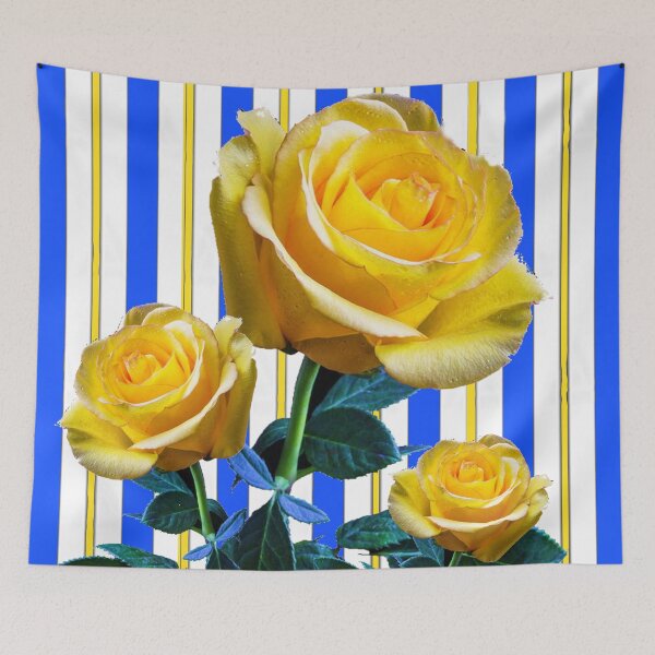 Item preview, YELLOW GARDEN ROSES BLUE STRIPES ART  designed and sold by sharlesart.