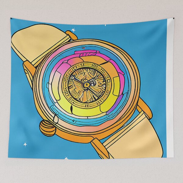 Item preview, Colorful watch drawing, square format blue background designed and sold by Flairh-Art.