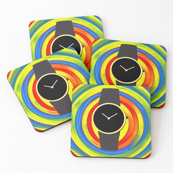 Item preview, Black watch with multicolored spiral background, square format designed and sold by Flairh-Art.