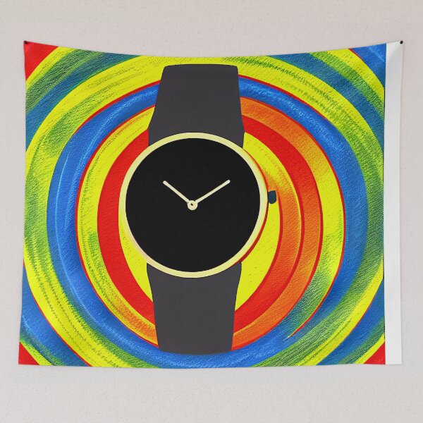 Item preview, Black watch with multicolored spiral background, square format designed and sold by Flairh-Art.