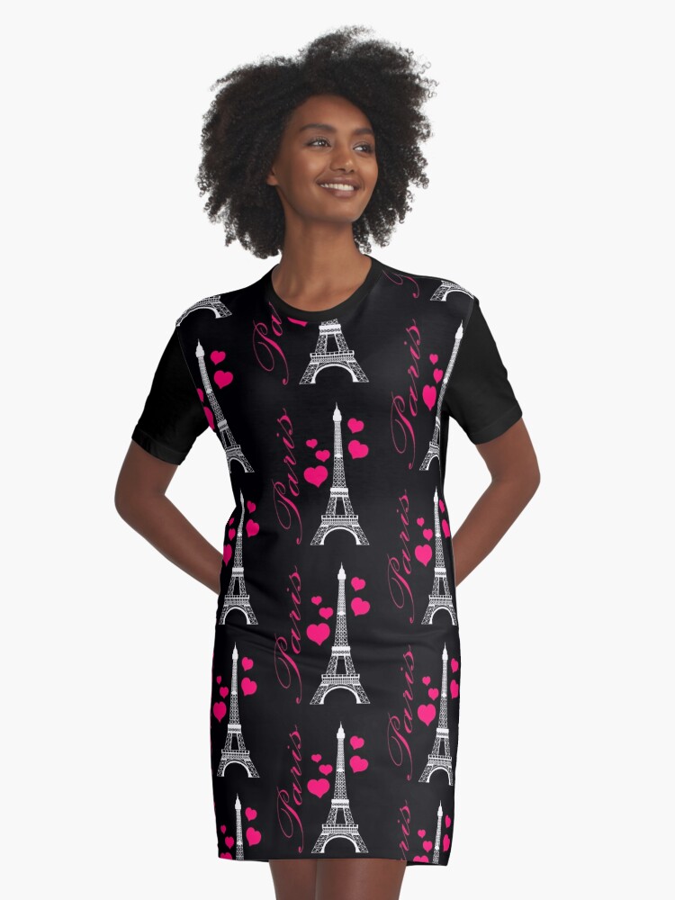 Paris Eiffel Tower Pink Black Graphic T Shirt Dress By Beachbumfamily