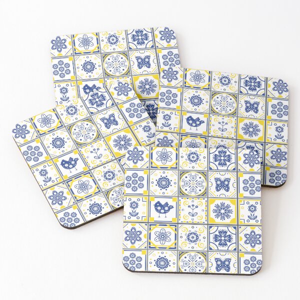 Item preview, Folk Art Moroccan Blue, Yellow, White Tiles Pattern Illustration,Circle Floral, Mediterranean Style designed and sold by Dazzline Designs.