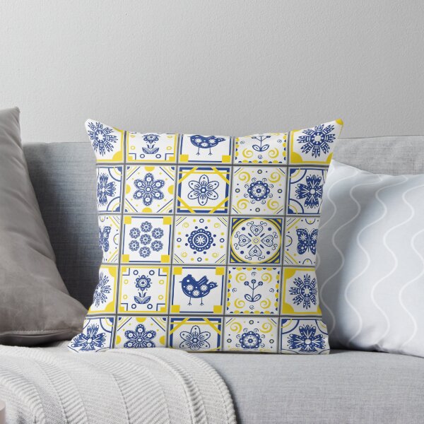 Item preview, Folk Art Moroccan Blue, Yellow, White Tiles Pattern Illustration,Circle Floral, Mediterranean Style designed and sold by Dazzline Designs.