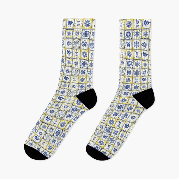 Item preview, Folk Art Moroccan Blue, Yellow, White Tiles Pattern Illustration,Circle Floral, Mediterranean Style designed and sold by Dazzline Designs.