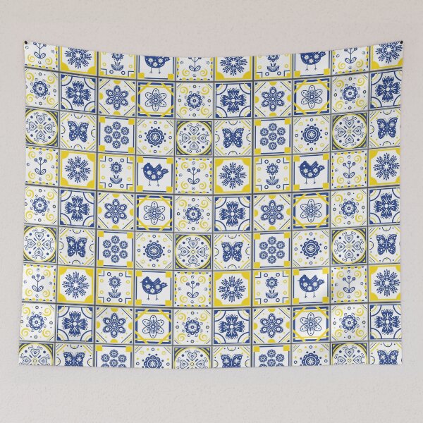 Item preview, Folk Art Moroccan Blue, Yellow, White Tiles Pattern Illustration,Circle Floral, Mediterranean Style designed and sold by Dazzline Designs.