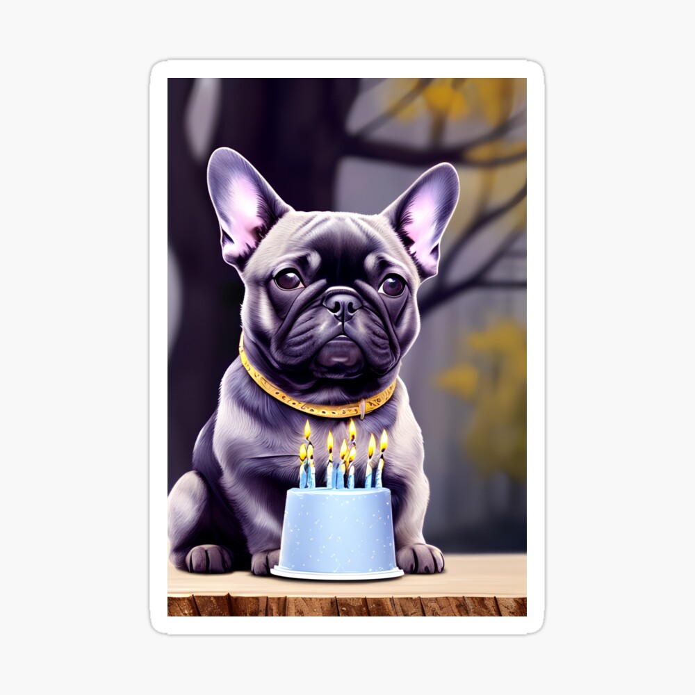 Cute French Bulldog with a birthday cake