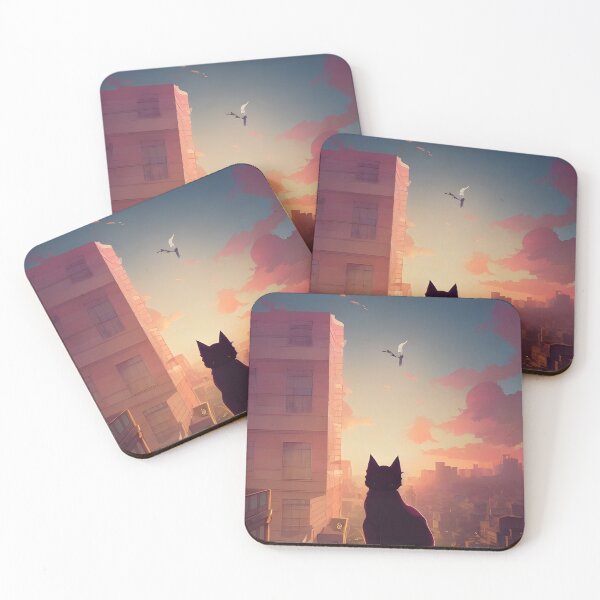 Item preview, ‘Cat View’ Aesthetic Lofi Anime Illustration with a Cat Looking at a City designed and sold by AVBDesigns20.
