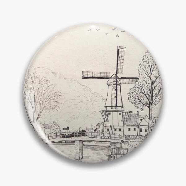 Item preview, De Adriaan Windmill Haarlem Netherlands Pen Ink Travel Art designed and sold by Wall-Art-Sketch.