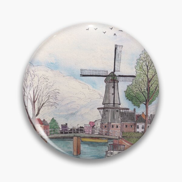 Item preview, De Adriaan Windmill Haarlem Netherlands Watercolor Ink Travel Art designed and sold by Wall-Art-Sketch.