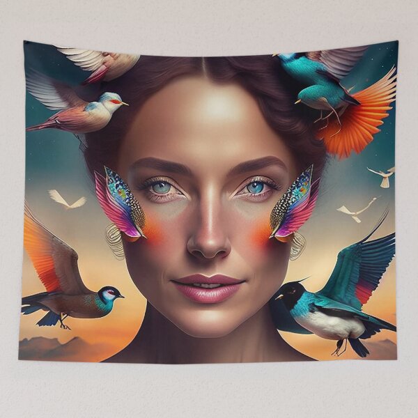 Item preview, Floral Dreams: Vibrant Colorful Woman Portrait with Flowers and Birds designed and sold by artmanikin.