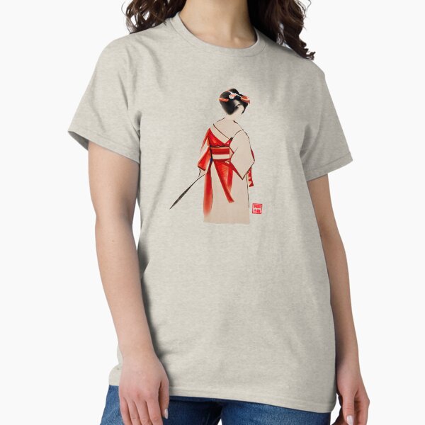 Item preview, Sumi-e Japanese ink painting, geisha with katana in black and red designed and sold by Monkonthehill.
