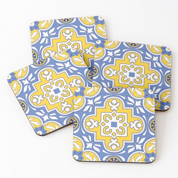 Item preview, Moroccan Blue, Yellow, White Tiles Pattern Illustration,Circle Floral, Mediterranean Style designed and sold by Dazzline Designs.