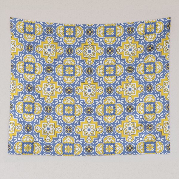 Item preview, Moroccan Blue, Yellow, White Tiles Pattern Illustration,Circle Floral, Mediterranean Style designed and sold by Dazzline Designs.