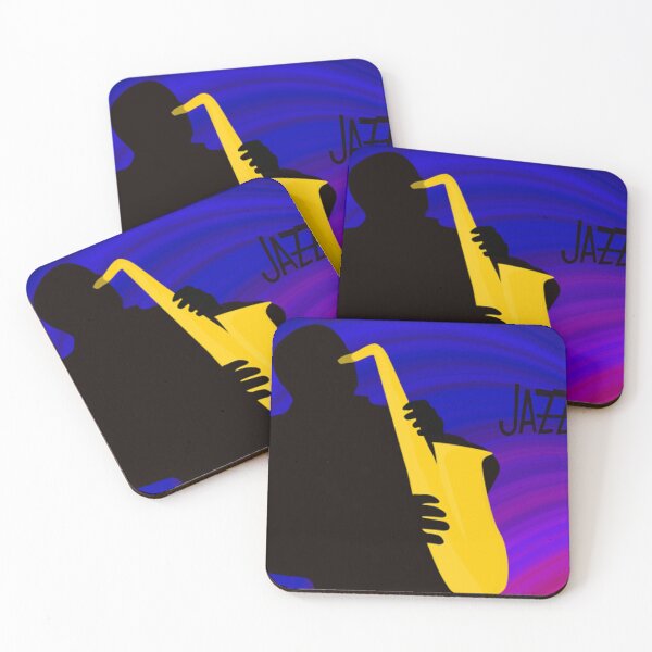 Item preview, Silhouette of a Jazz Saxophone Player, Purple Blue Background designed and sold by ibadishi.