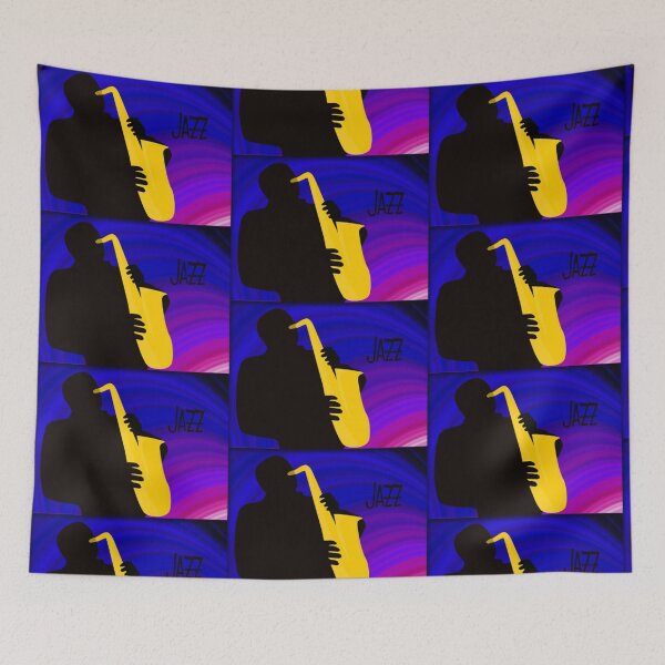 Item preview, Silhouette of a Jazz Saxophone Player, Purple Blue Background designed and sold by ibadishi.