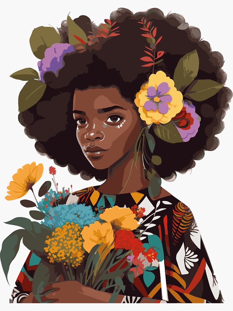 "Black History Month 2023 Afro Woman With Flowers" Sticker for Sale by