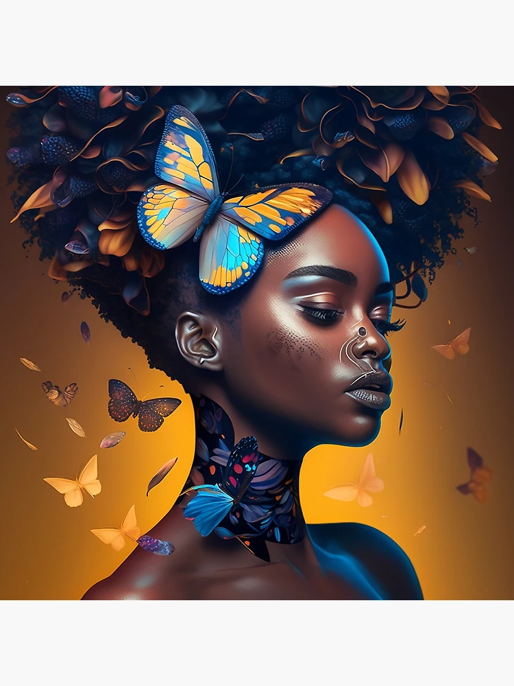 Black Woman Digital Art, Yellow Girl Clipart, Butterflies.