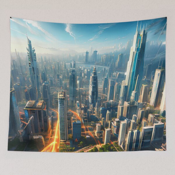 Item preview, Flying Over the Green Trees of a Futuristic Utopian City designed and sold by D3monic.