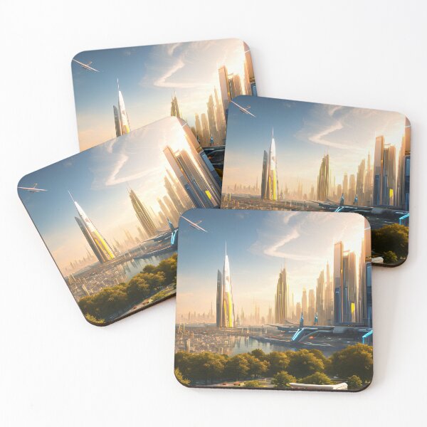 Item preview, Futuristic Utopian City: White Buildings and Large Flying Drones designed and sold by D3monic.