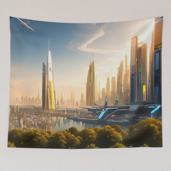 Item preview, Futuristic Utopian City: White Buildings and Large Flying Drones designed and sold by D3monic.