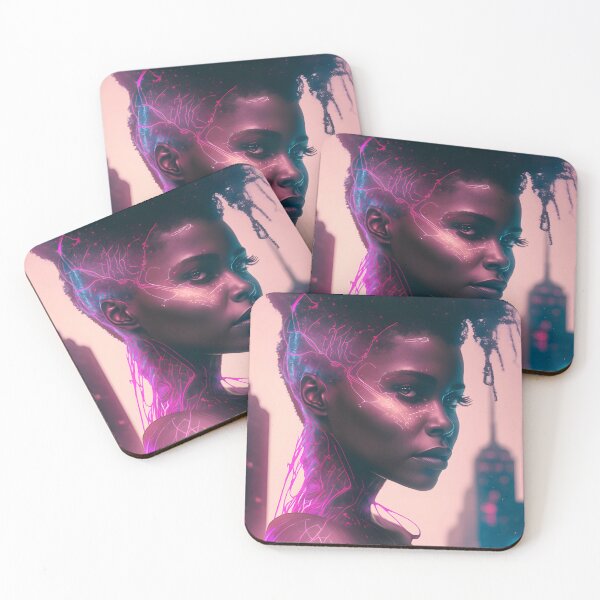 Item preview, Beautiful cyborg black woman in a cyberpunk neon city designed and sold by salarkoshop.