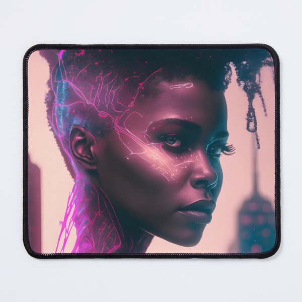 Item preview, Beautiful cyborg black woman in a cyberpunk neon city designed and sold by salarkoshop.