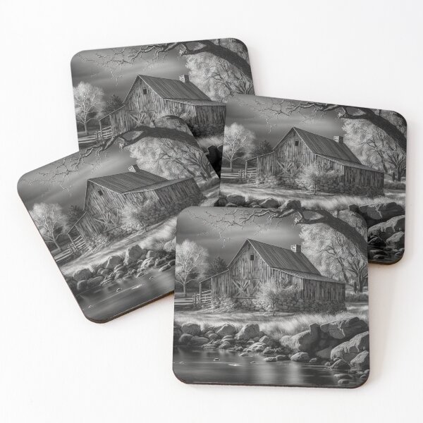 Item preview, Nostalgic Country Barn on Rocky Creek Black and White Art designed and sold by ImageVortex.