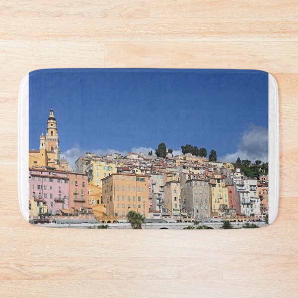Item preview, Church tower and colorful old buildings in Menton France summer season designed and sold by goceris.