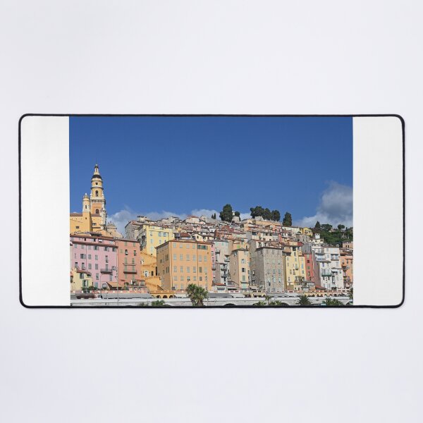 Item preview, Church tower and colorful old buildings in Menton France summer season designed and sold by goceris.