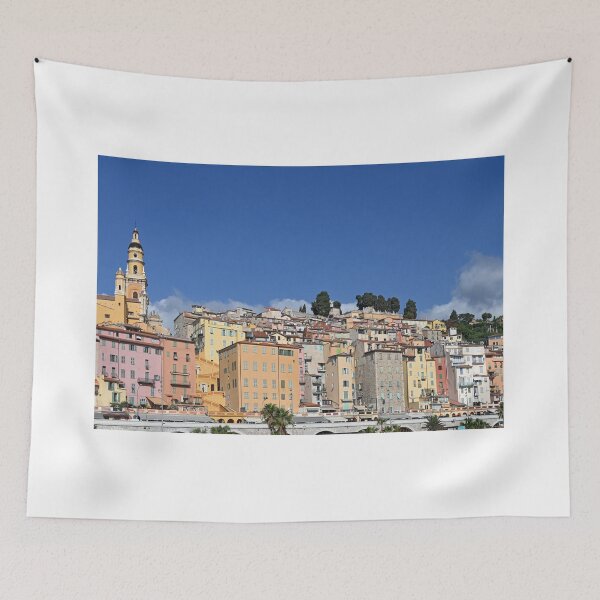 Item preview, Church tower and colorful old buildings in Menton France summer season designed and sold by goceris.