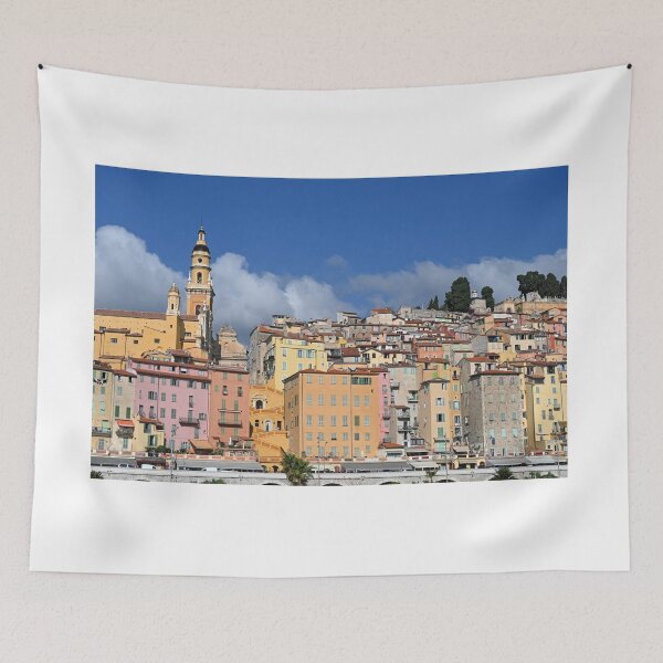 Item preview, Church tower and colorful old buildings in Menton France  designed and sold by goceris.