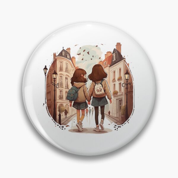 Item preview, two little cute girls walk through the streets of the city by the handles. Drawn illustration of cartoon girlfriends. designed and sold by KaterynaKet.