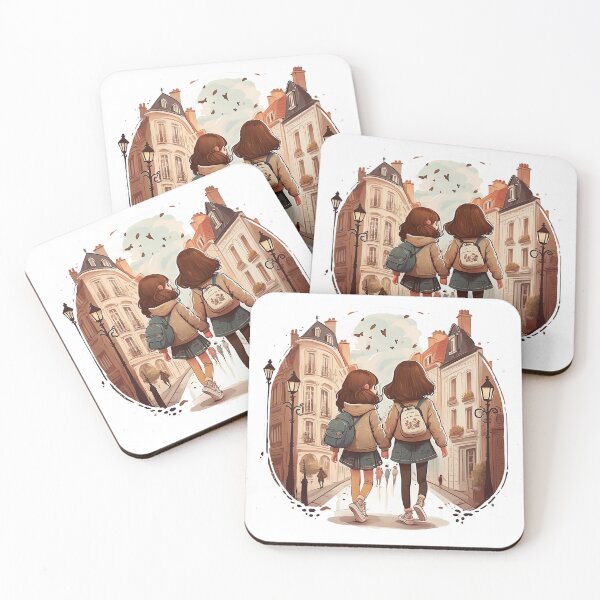 Item preview, two little cute girls walk through the streets of the city by the handles. Drawn illustration of cartoon girlfriends. designed and sold by KaterynaKet.