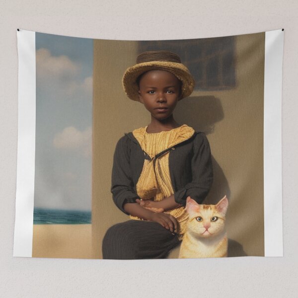 Item preview, black child with white cat by the sea designed and sold by Bernsteinhaus.