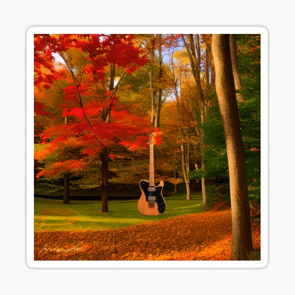A Fender Telecaster Guitar In The Middle Of A Forest In New England During Autumn Sticker