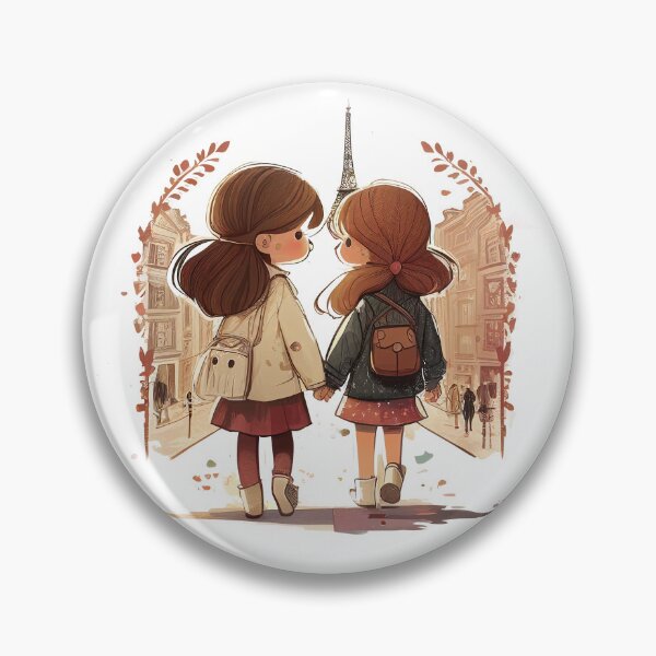 Item preview, two little cute girls walk through the streets of the city Drawn illustration of cartoon girlfriends. designed and sold by KaterynaKet.