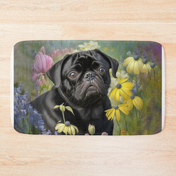 Item preview, Black Pug Dog in Flower Garden designed and sold by candiscamera.