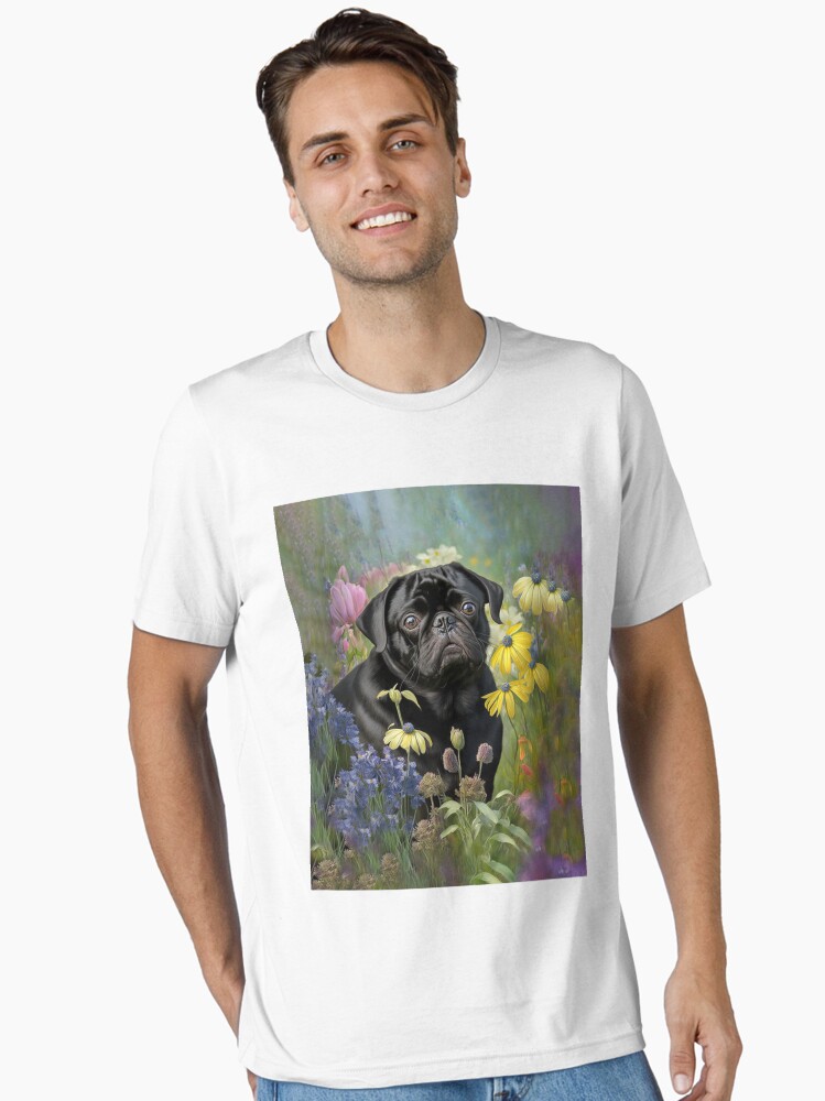 Black Pug Dog in Flower Garden