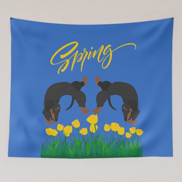 Item preview, Dachshund Dog with Tulip Flowers and Spring Sign designed and sold by SeasonalDogs.
