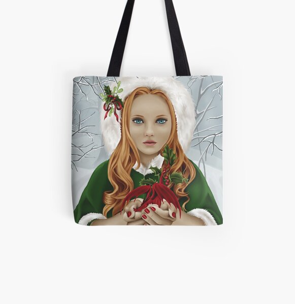 Christmas Yule Winter Holiday Girl with Dragon & Holly All Over Print Tote Bag