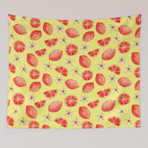 Item preview, Orange pink lemon pattern on bright yellow designed and sold by pinkyfish1010.
