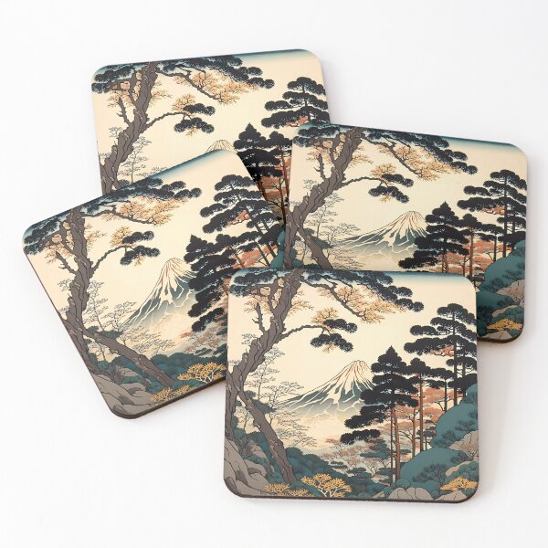 Item preview, Ukiyo e style painting of Mount Fuji with large green trees designed and sold by Powercat Graphic Arts.